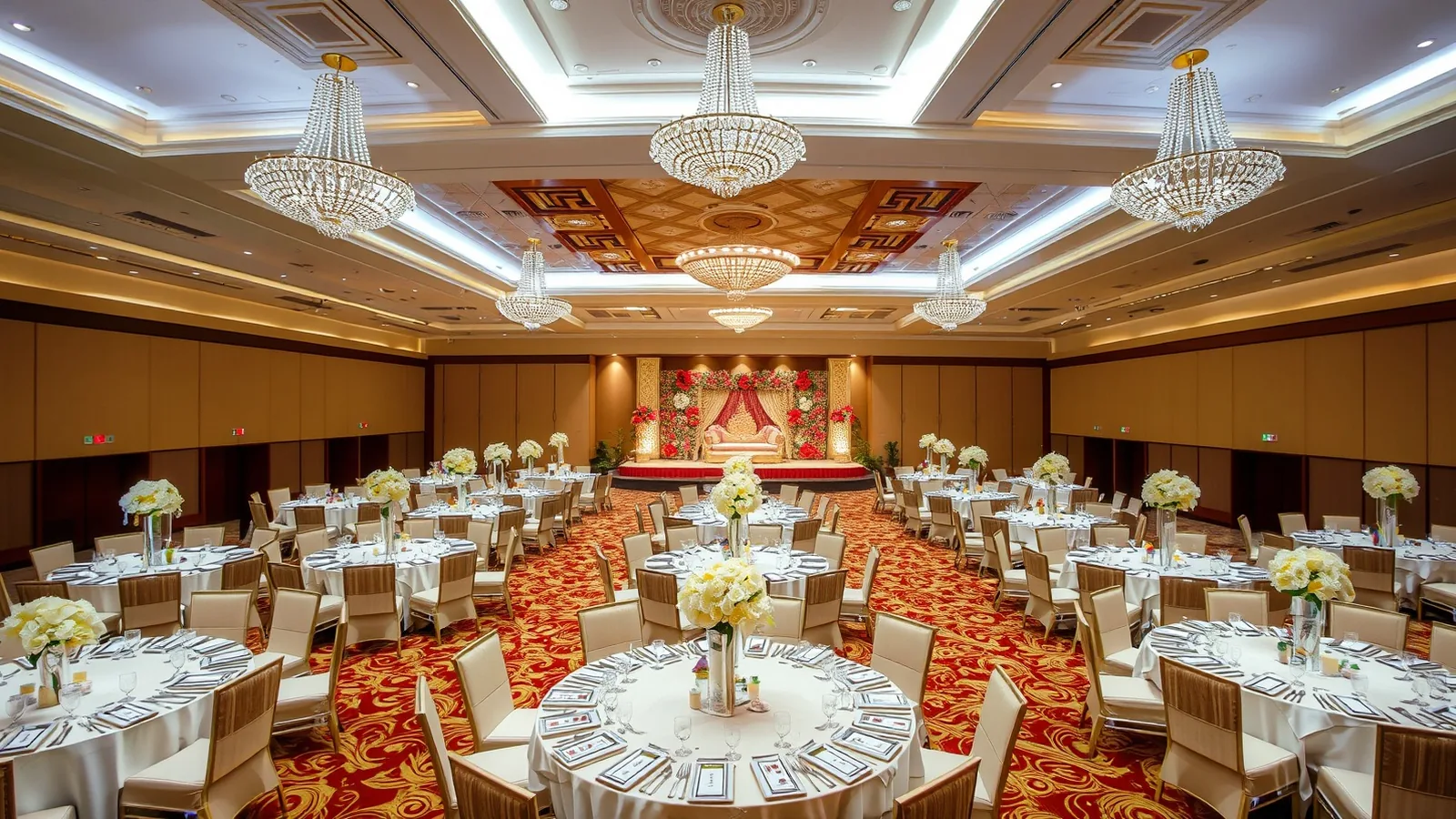 Large hotel ballroom in Pattaya set for an Indian wedding reception with white florals and a decorated stage