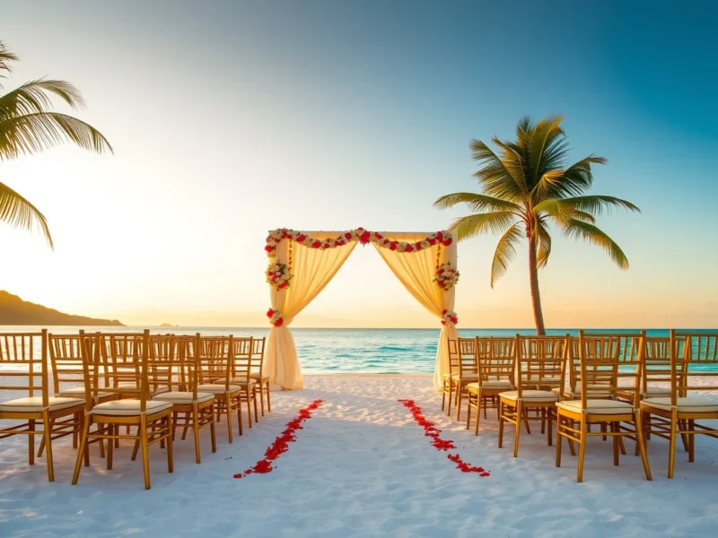 Indian wedding mandap on a Phuket beach at golden hour with gold chairs facing the Andaman Sea