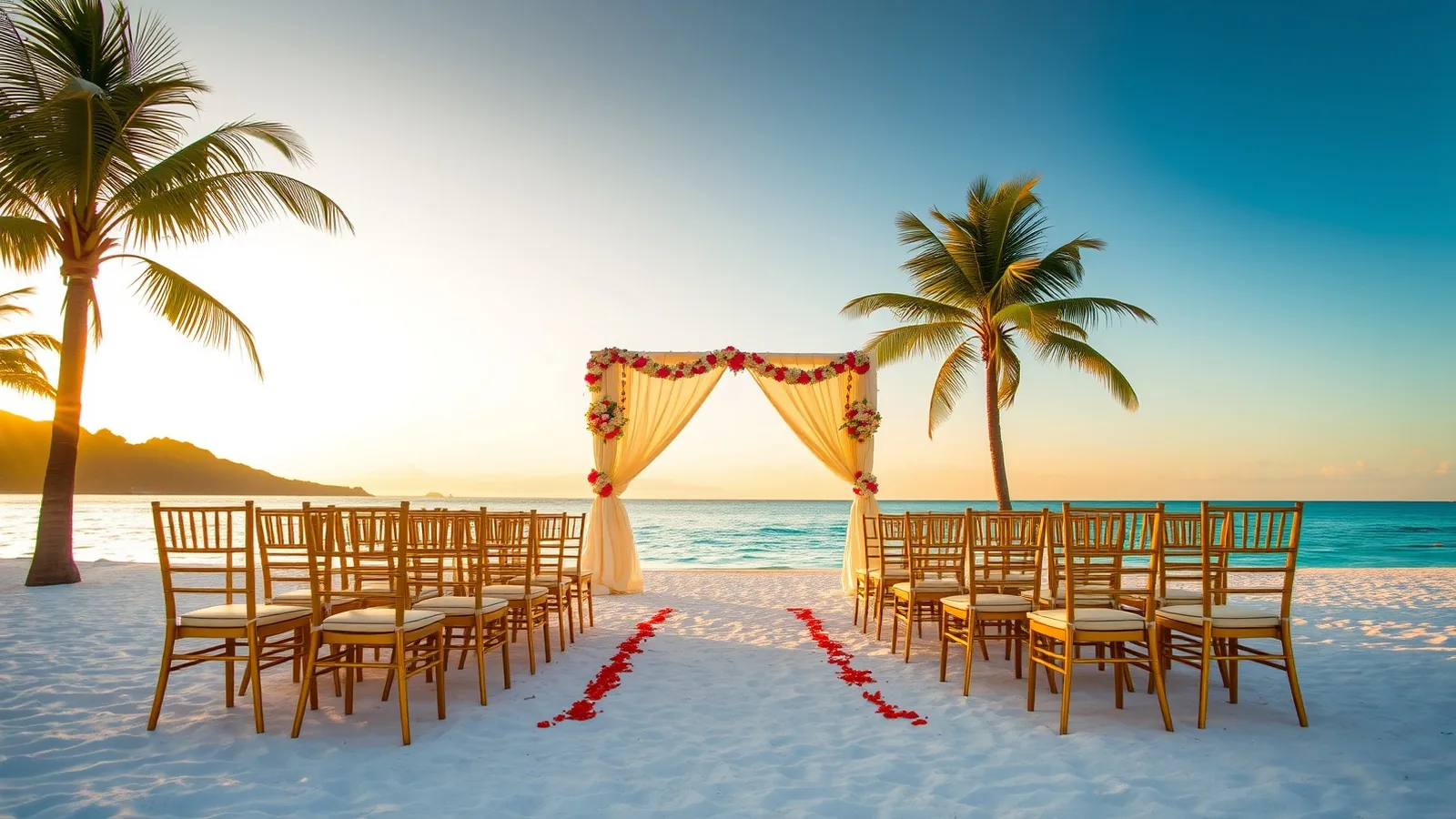 Indian wedding mandap on a Phuket beach at golden hour with gold chairs facing the Andaman Sea