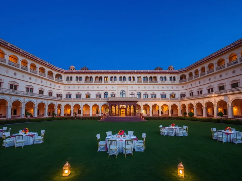 Heritage Indian palace hotel at dusk with lit guest room windows above a lawn laid for a wedding dinner with round tables and lanterns