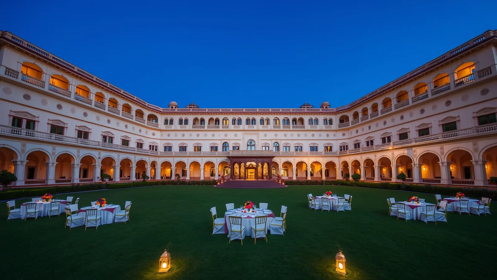 Heritage Indian palace hotel at dusk with lit guest room windows above a lawn laid for a wedding dinner with round tables and lanterns