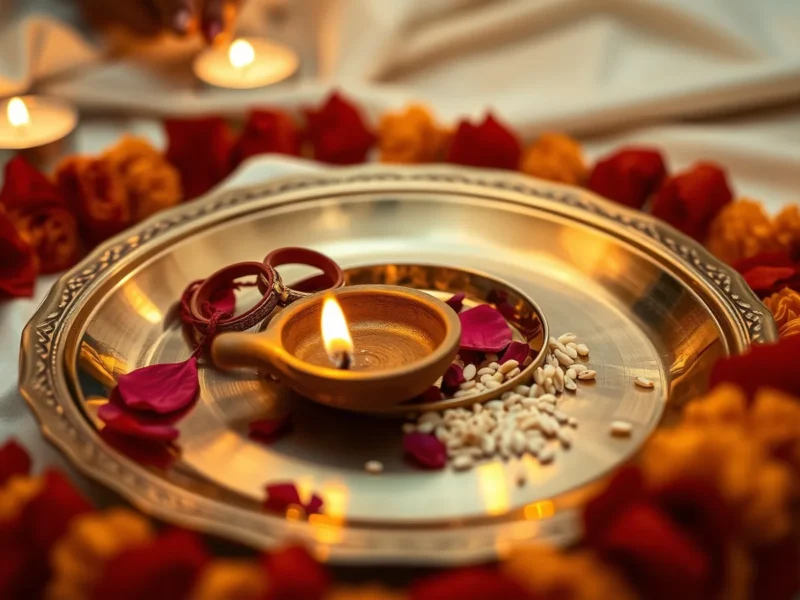 Brass wedding thali with red sacred threads, a lit clay diya, rice and rose petals framed by marigolds