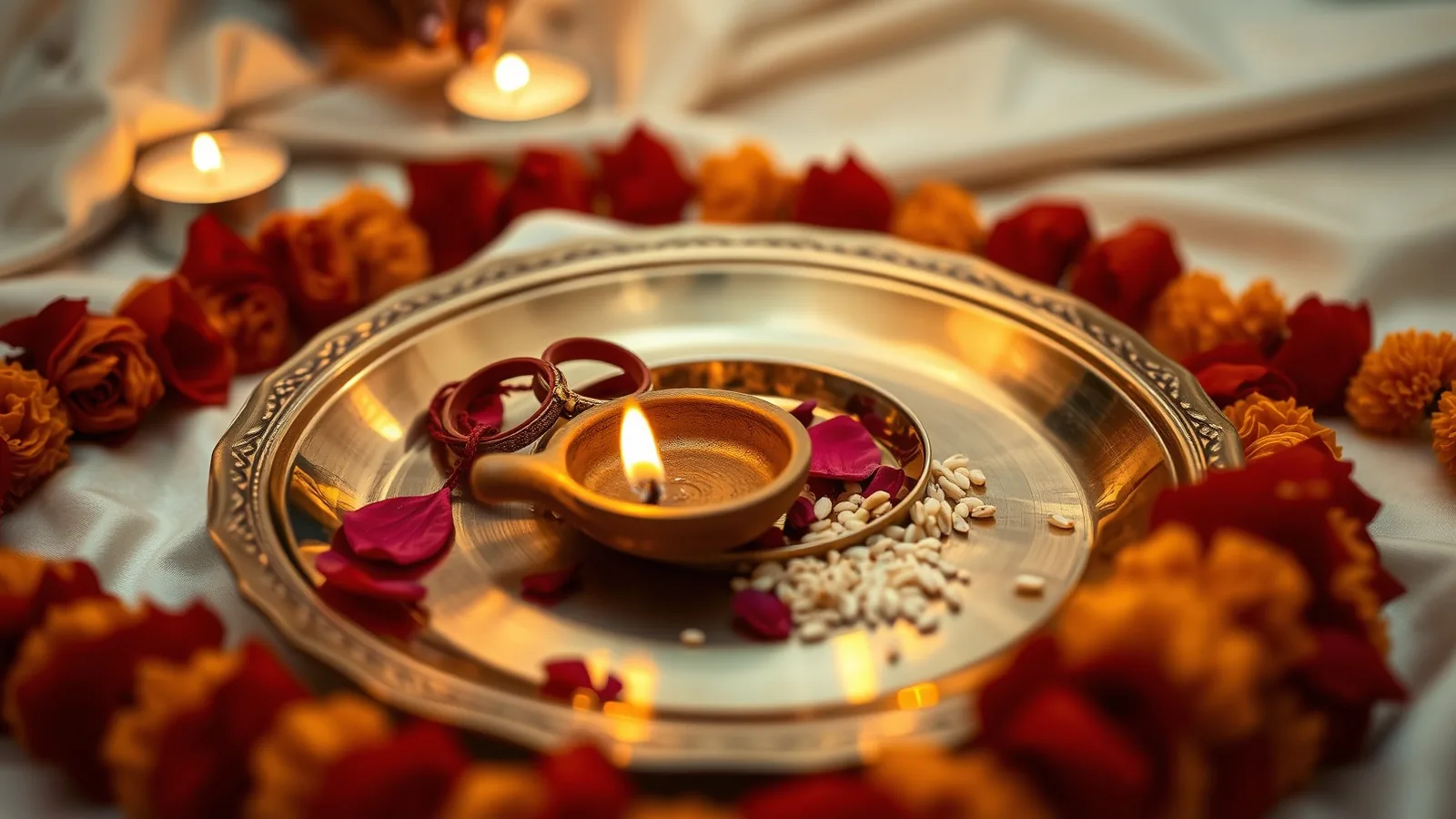 Brass wedding thali with red sacred threads, a lit clay diya, rice and rose petals framed by marigolds