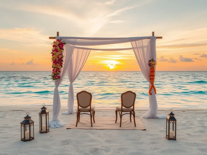 Beach wedding arch at sunset draped in white fabric, orchids and marigold garlands with two chairs facing the sea
