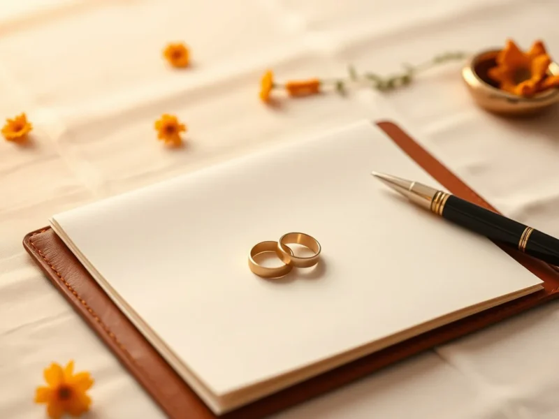 Two gold wedding rings on a leather document folder beside a fountain pen and scattered marigold flowers
