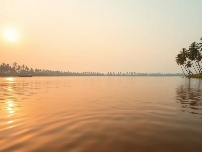 Wide open Kerala backwater lake at Alleppey at golden hour with a distant coconut palm horizon reflected in still orange water