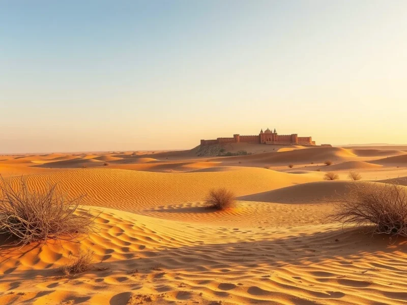 Thar desert dunes near Bikaner at golden hour with a sandstone fort silhouette small on the horizon
