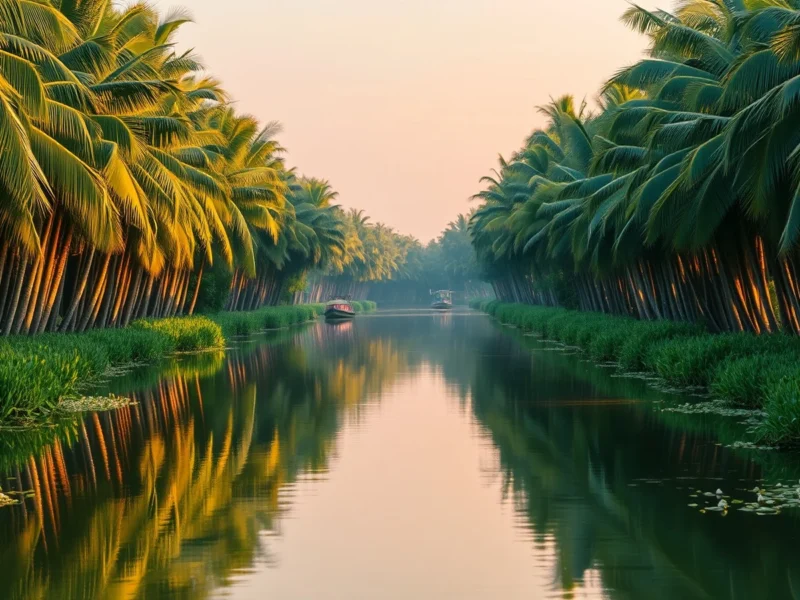 Still Kerala backwater channel at golden hour lined with dense coconut palms, with mirror reflections on the green water