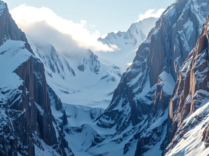 Sheer snow and rock face of the Dhauladhar range above Dharamshala with vertical granite buttresses and snow gullies in morning light