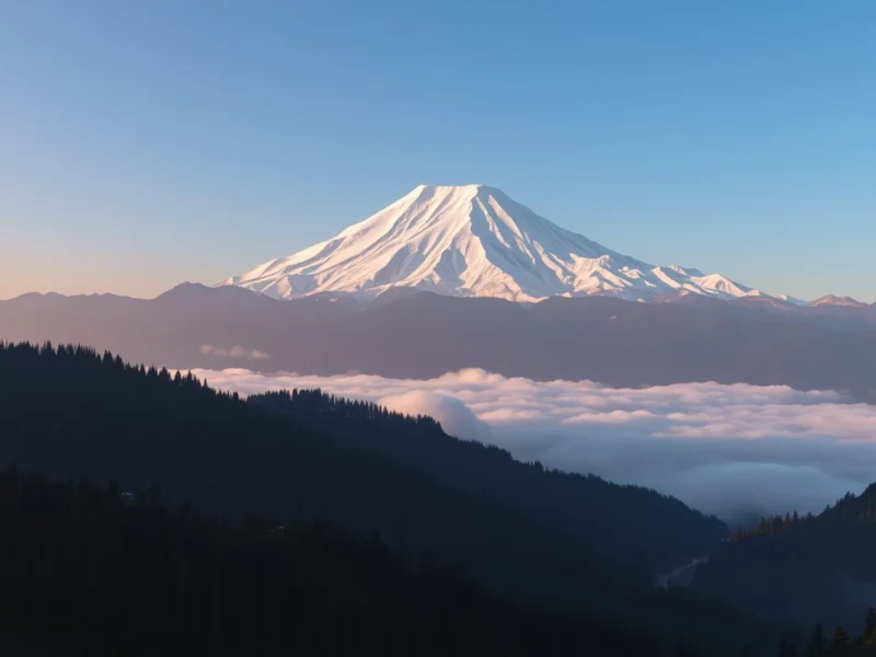 Snow-covered Eastern Himalayan peak above cloud-filled valleys near Gangtok at dawn with warm first light on the summit snow