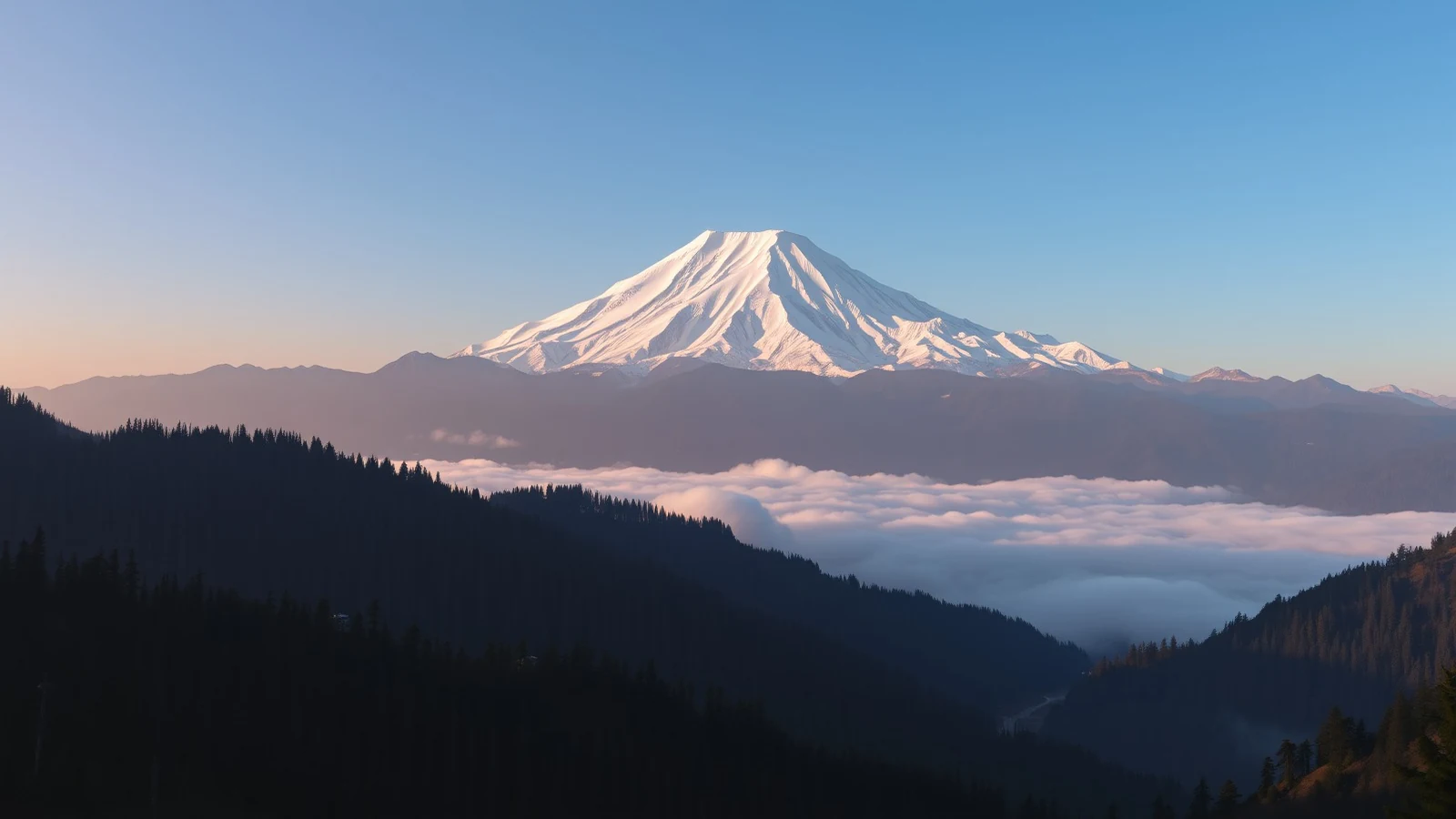 Snow-covered Eastern Himalayan peak above cloud-filled valleys near Gangtok at dawn with warm first light on the summit snow