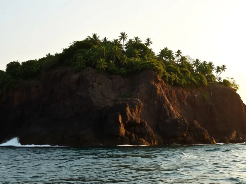 Laterite rock headland on the Konkan coast near Gokarna at golden hour with waves breaking against the cliffs and coconut palms on the clifftop