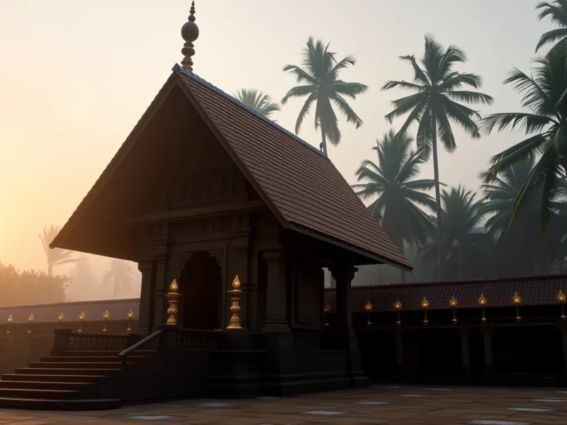Kerala temple shrine under a steep copper tiled roof at dawn with a row of tall brass lamps along the courtyard wall and coconut palms behind