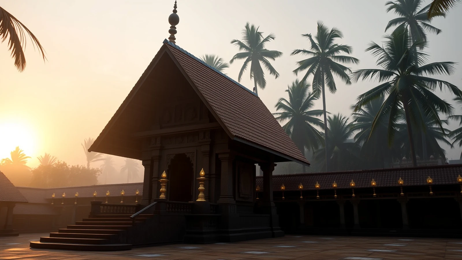 Kerala temple shrine under a steep copper tiled roof at dawn with a row of tall brass lamps along the courtyard wall and coconut palms behind