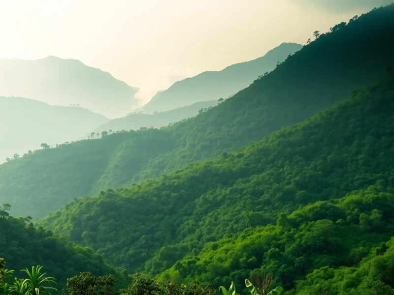 Green Sahyadri mountain valley near Lonavala in soft light with layered forested ridgelines receding into mist
