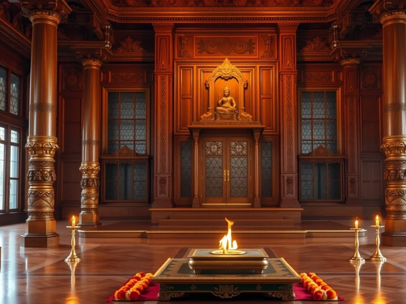 Ornate temple ceremony hall with carved teak columns, brass oil lamps and a copper homa kunda fire altar set on a low platform with marigold garlands