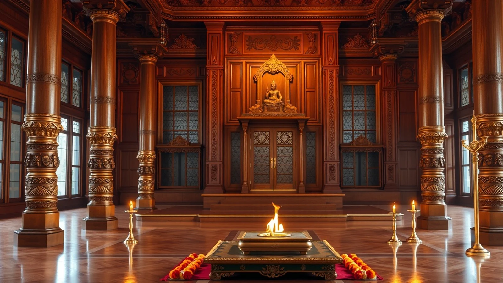 Ornate temple ceremony hall with carved teak columns, brass oil lamps and a copper homa kunda fire altar set on a low platform with marigold garlands