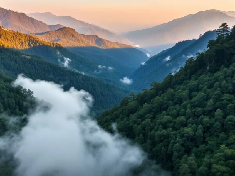 Wooded Palani Hills valley near Kodaikanal with dense shola forest on both slopes and low cloud pooling in the valley floor