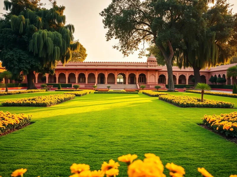 Formal palace garden in Bikaner at golden hour with clipped lawns, marigold beds and an arcaded red sandstone palace behind