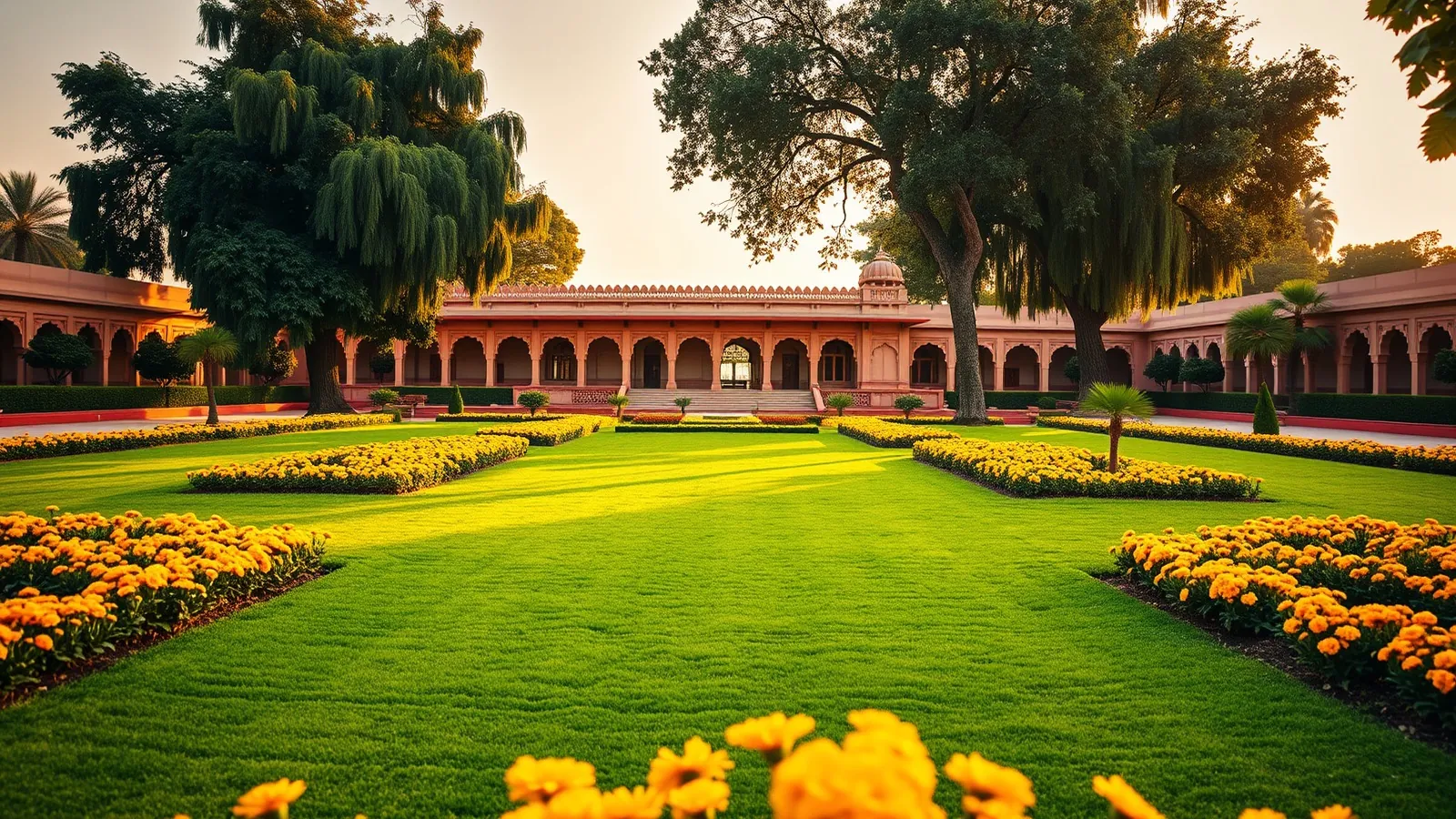 Formal palace garden in Bikaner at golden hour with clipped lawns, marigold beds and an arcaded red sandstone palace behind