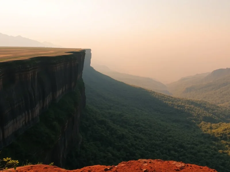 Flat-topped Sahyadri plateau edge at Mahabaleshwar with basalt cliffs, red laterite soil and layered green ridgelines receding into haze