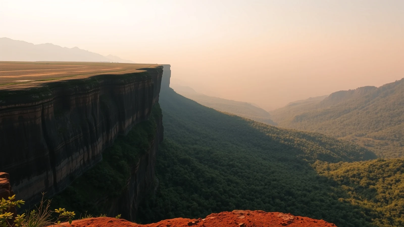 Flat-topped Sahyadri plateau edge at Mahabaleshwar with basalt cliffs, red laterite soil and layered green ridgelines receding into haze