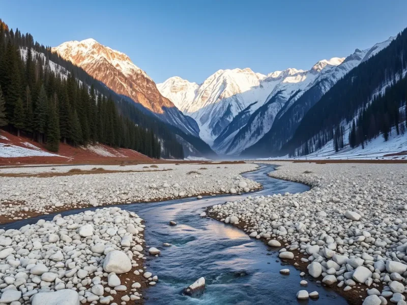 Braided river running over pale stones through a Himalayan valley near Manali with deodar forest and snow-dusted Pir Panjal peaks behind