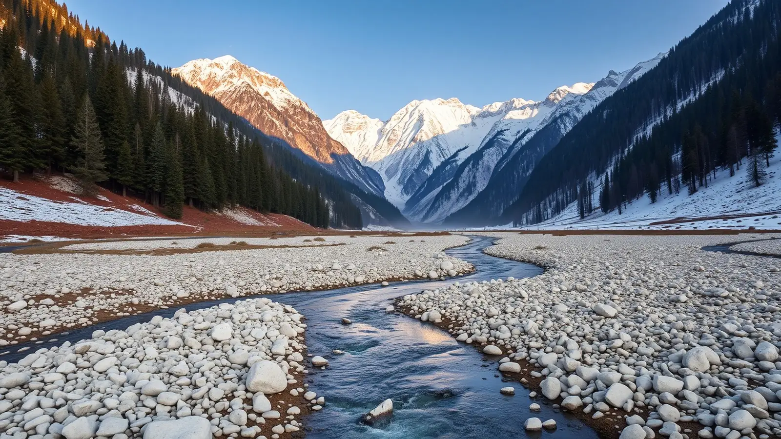 Braided river running over pale stones through a Himalayan valley near Manali with deodar forest and snow-dusted Pir Panjal peaks behind