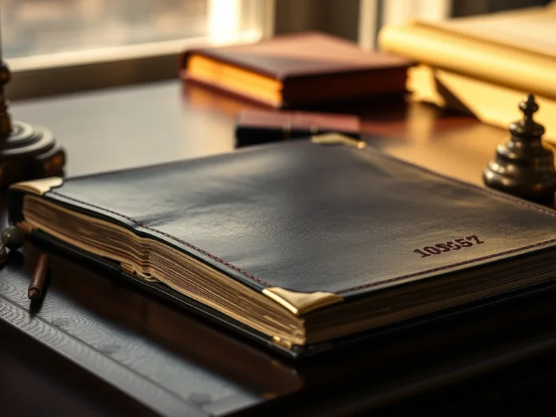A closed leather bound ledger with brass corner caps and gilded page edges on a dark wooden desk, beside a brass stamp and a bell in warm lamplight