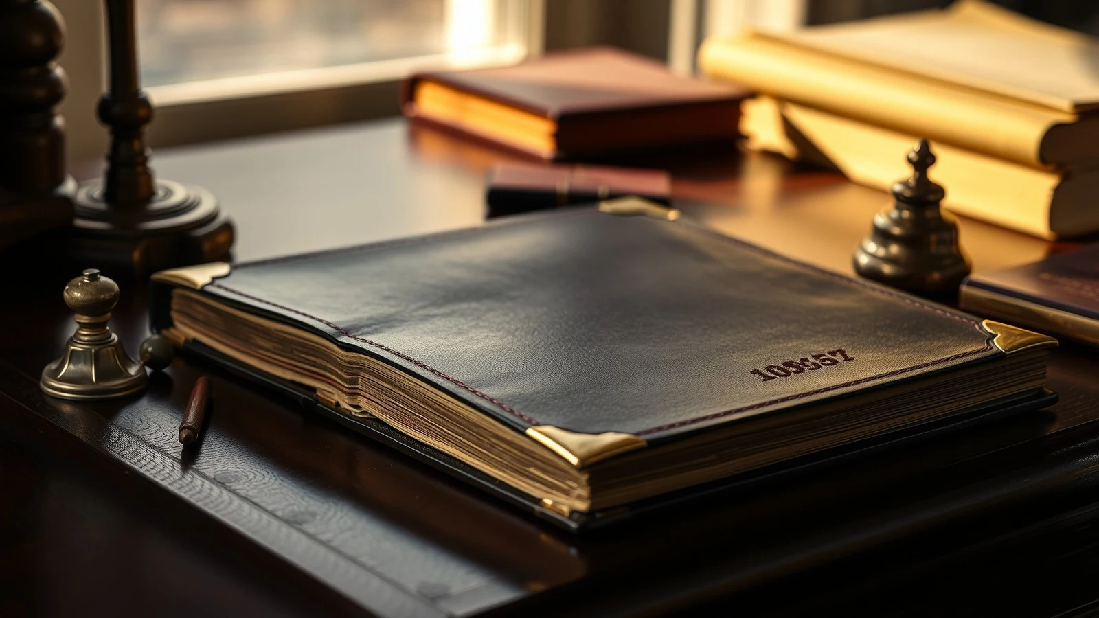 A closed leather bound ledger with brass corner caps and gilded page edges on a dark wooden desk, beside a brass stamp and a bell in warm lamplight