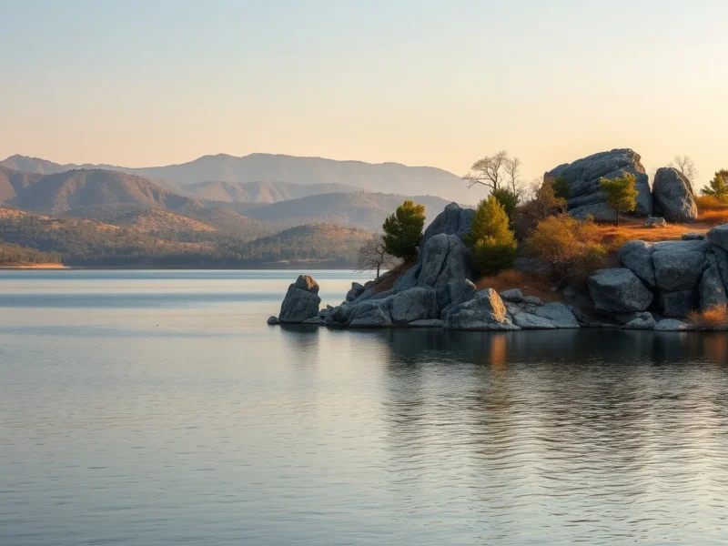 Still lake at Mount Abu in Rajasthan at golden hour with granite boulders, pine woodland and layered Aravalli ridgelines behind