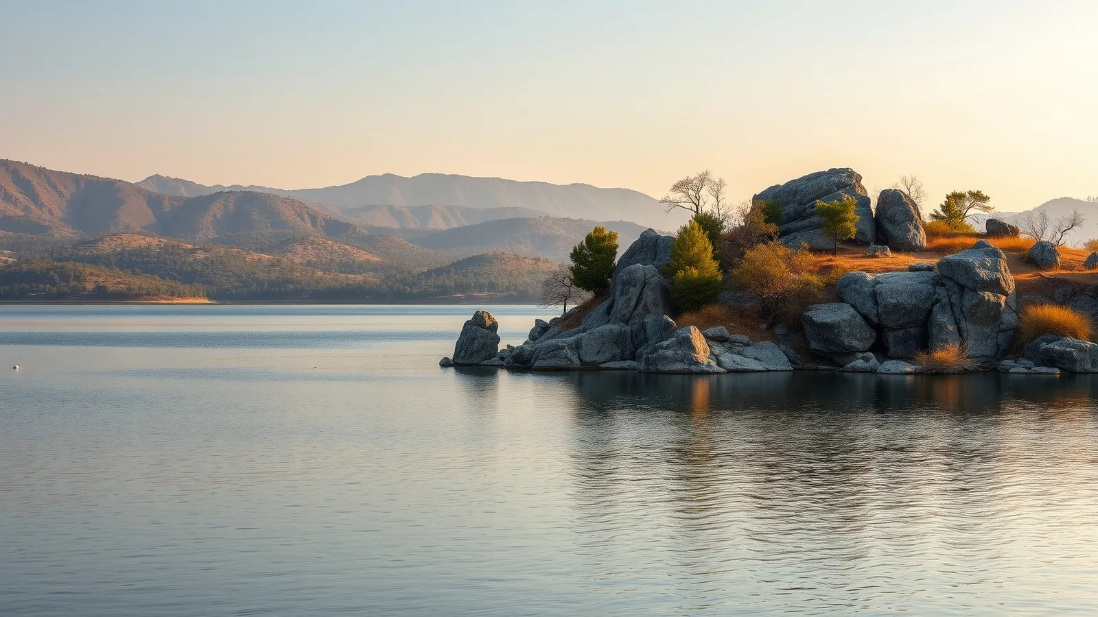 Still lake at Mount Abu in Rajasthan at golden hour with granite boulders, pine woodland and layered Aravalli ridgelines behind