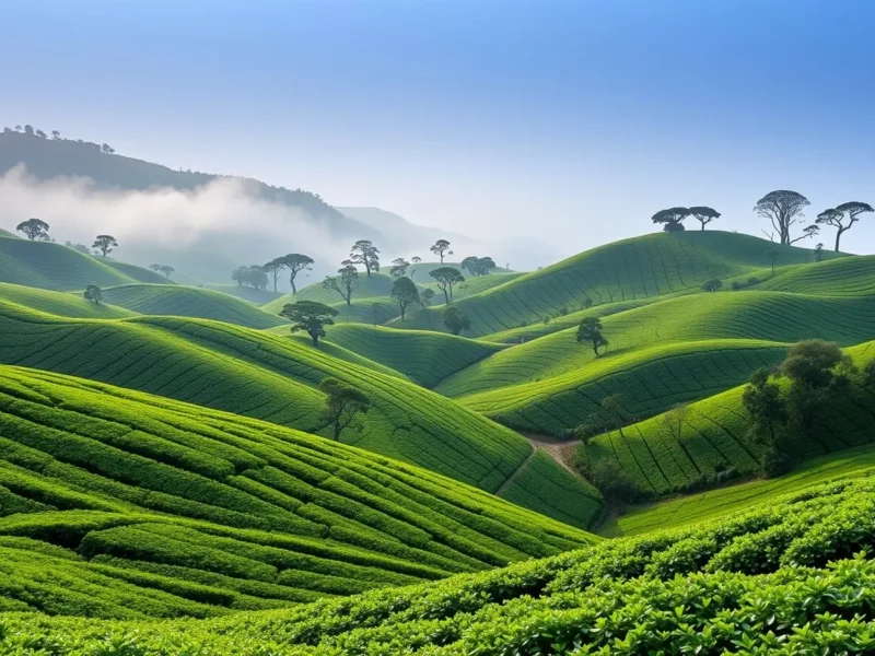 Sculpted tea plantation slopes in the Western Ghats at Munnar with silver oak shade trees and morning mist threading between the ridges