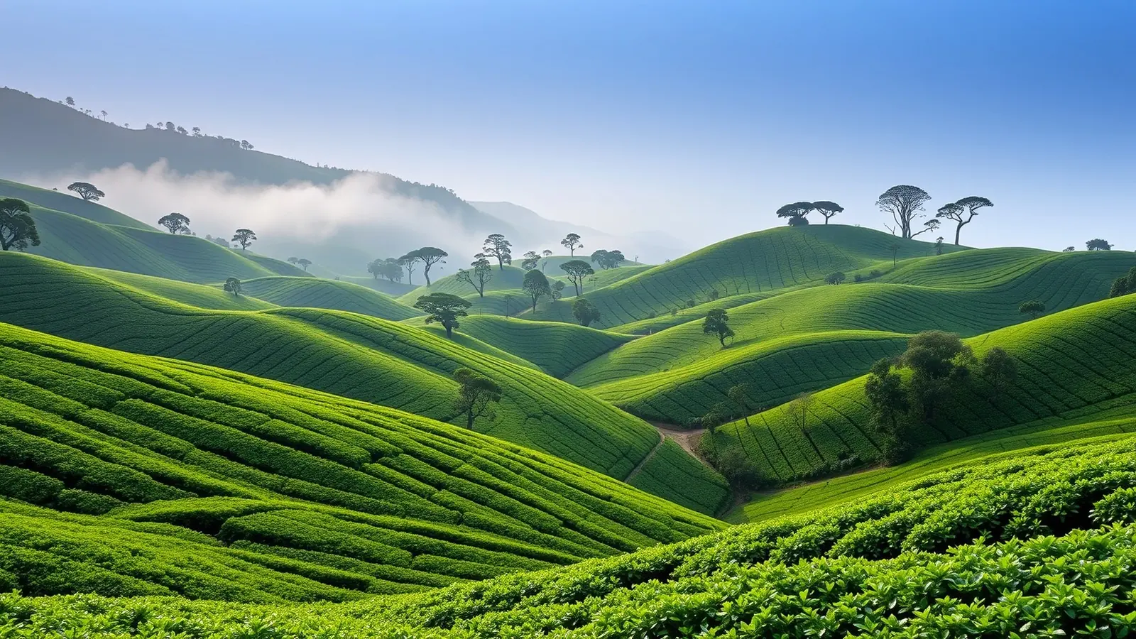 Sculpted tea plantation slopes in the Western Ghats at Munnar with silver oak shade trees and morning mist threading between the ridges