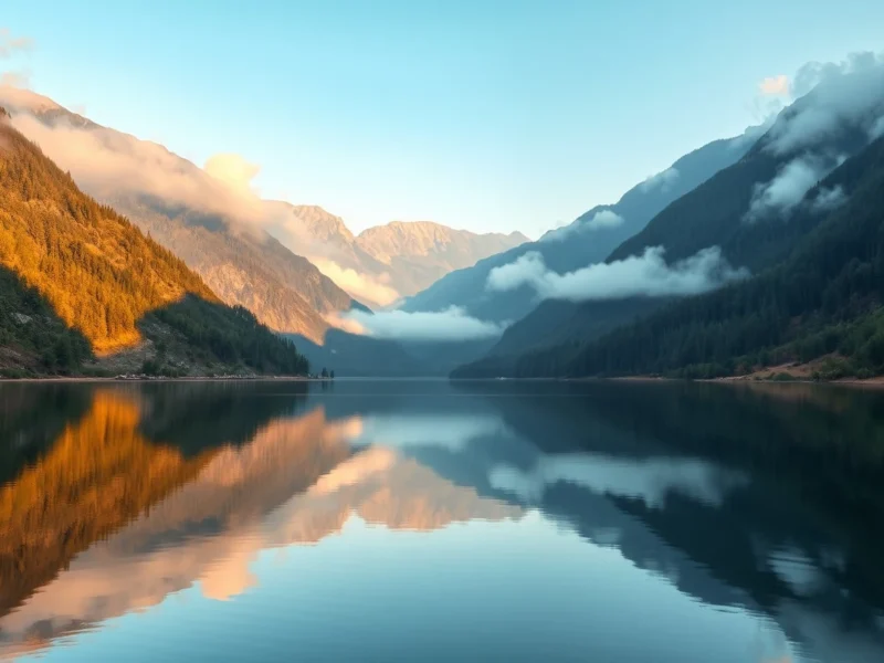 Deep glacial lake at Nainital in the Kumaon hills with mirror reflections of forested ridges and mist gathering in the upper valley