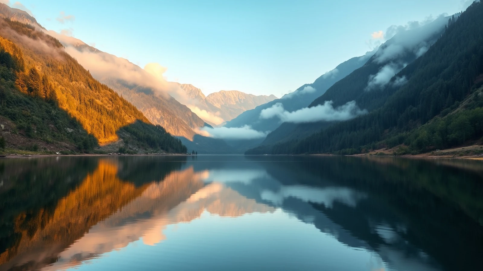 Deep glacial lake at Nainital in the Kumaon hills with mirror reflections of forested ridges and mist gathering in the upper valley