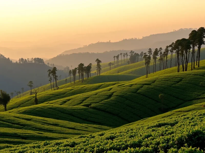 Rolling Nilgiri tea slopes near Ooty at golden hour with tall eucalyptus along the ridge and blue ridgelines receding into haze