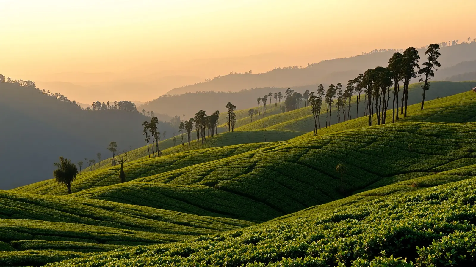 Rolling Nilgiri tea slopes near Ooty at golden hour with tall eucalyptus along the ridge and blue ridgelines receding into haze