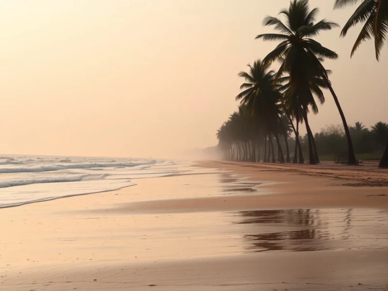 Quiet Konkan coast beach near Alibaug at golden hour with coconut palms leaning along the shoreline and gentle surf