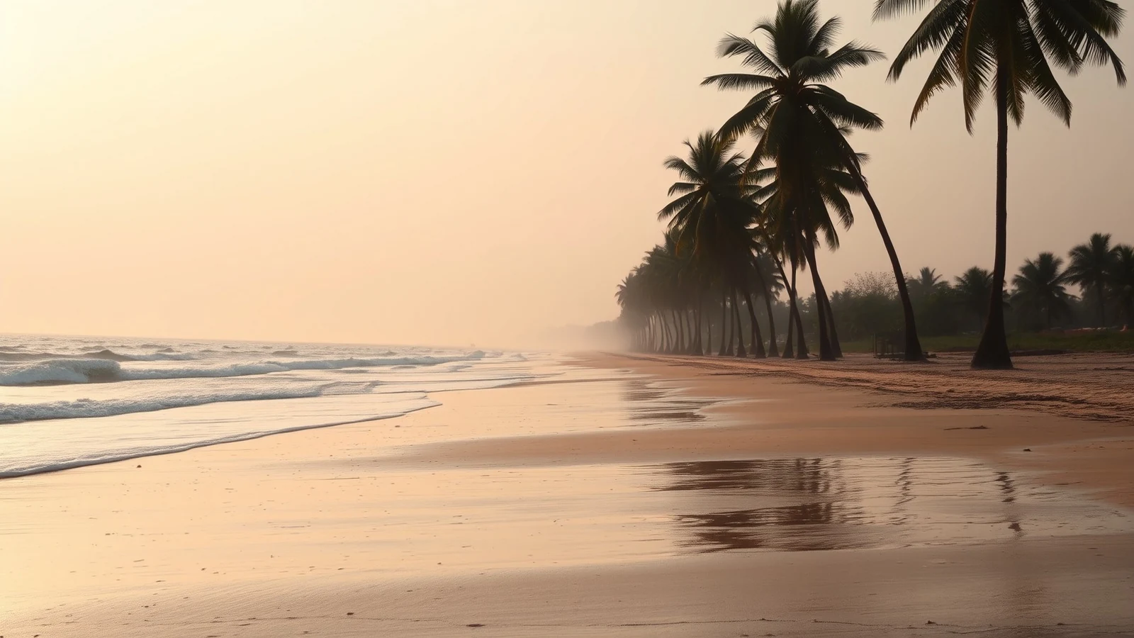 Quiet Konkan coast beach near Alibaug at golden hour with coconut palms leaning along the shoreline and gentle surf