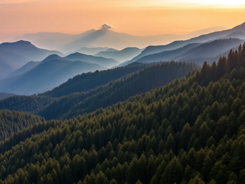 Forested Himalayan foothill ridges near Shimla at golden hour with dense deodar cedar and layered blue ridgelines receding into haze