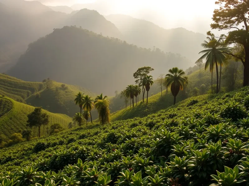 Coffee and spice plantation hillside in Wayanad with pepper vines on shade trees and misty Western Ghats ridges behind in early morning sun