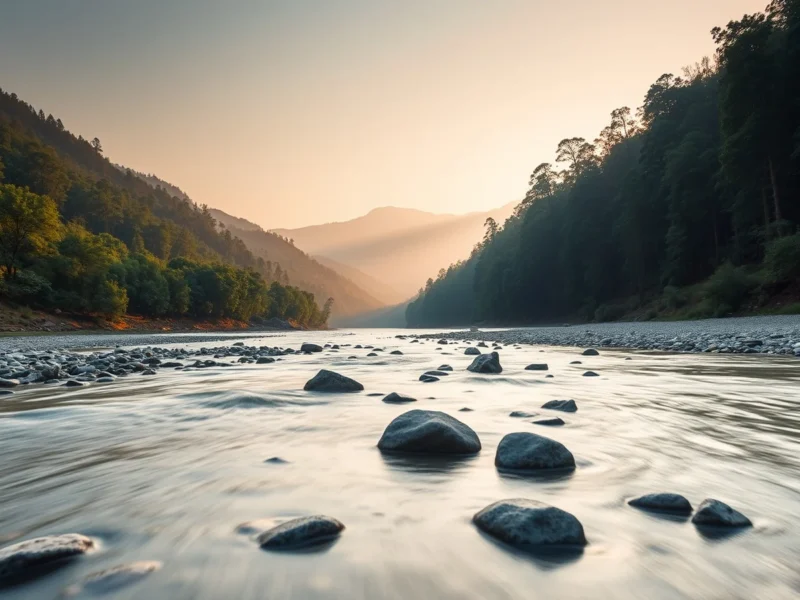 Wide shallow river running through sal forest near Jim Corbett at golden hour with smooth stones and forested foothills behind