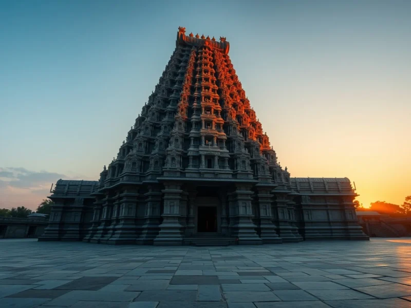 Carved South Indian temple gopuram tower rising above an empty stone courtyard in warm golden hour light against a deep blue evening sky