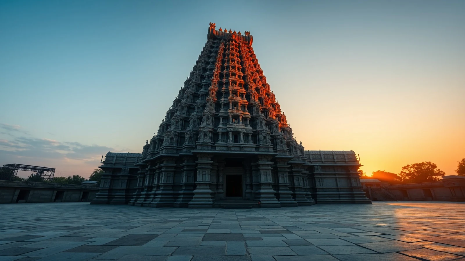 Carved South Indian temple gopuram tower rising above an empty stone courtyard in warm golden hour light against a deep blue evening sky