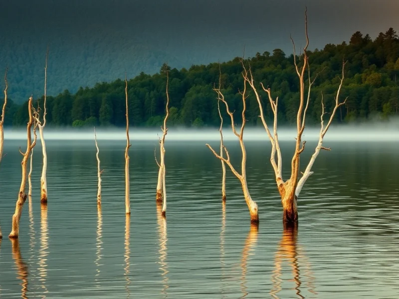 Still lake in the Cardamom Hills at Thekkady at dawn with pale drowned tree trunks standing in the water and mist lying on the surface