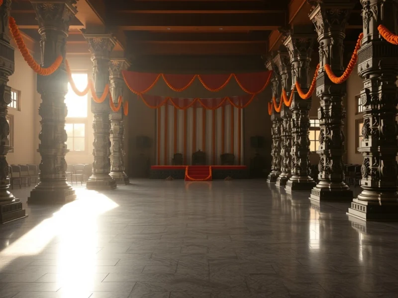 Interior of an empty South Indian wedding hall with two rows of carved stone pillars, marigold garlands strung between them and morning light on the floor