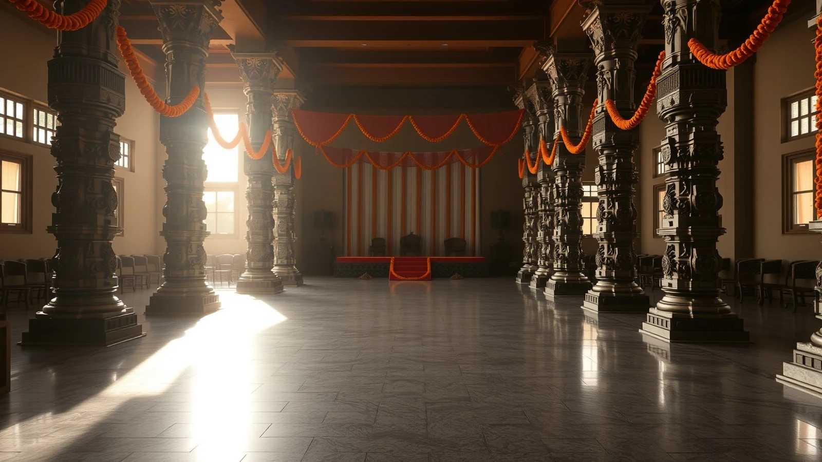 Interior of an empty South Indian wedding hall with two rows of carved stone pillars, marigold garlands strung between them and morning light on the floor