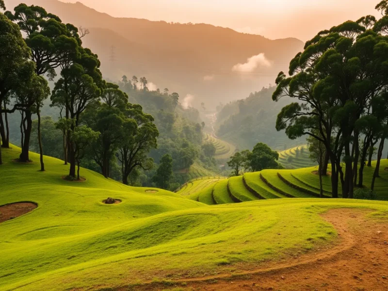 Rolling green plateau in the Western Ghats at Wayanad with plantations under tall shade trees and mist threading between low forested hills