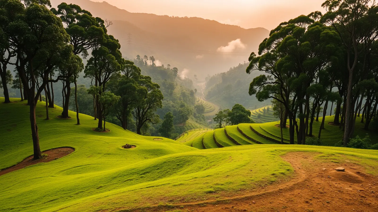 Rolling green plateau in the Western Ghats at Wayanad with plantations under tall shade trees and mist threading between low forested hills